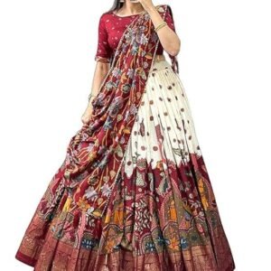 Women's Trending Designeer Tussar Silk Lehenga Choli Print with Foil Work With Unstitched Blouse Patola Print Adorned with Foil Work