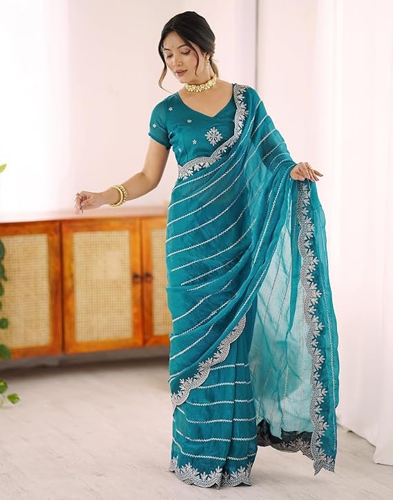 SIRIL Women's Chiffon Embroidery Saree with Unstitched Blouse Piece - Image 6