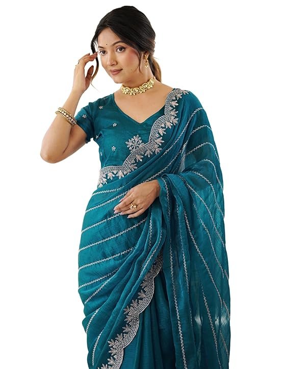 SIRIL Women's Chiffon Embroidery Saree with Unstitched Blouse Piece - Image 3