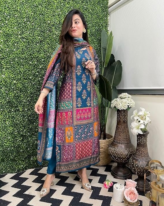 GoSriKi Women’s Viscose Rayon Straight Kurta Pant Dupatta Set - Image 4