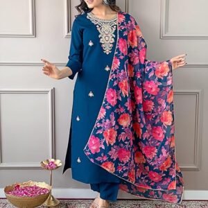 Naixa Women's Rayon Embroidered and Printed Straight Kurta with Pant and Dupatta Sets