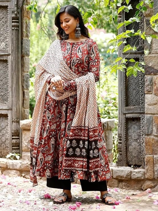 Nermosa Women Printed Anarkali Kurta and Pant Set with Dupatta - Image 7