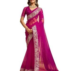 Svayi Women's Net Sequin Embroidery Border work Saree with Blouse Piece
