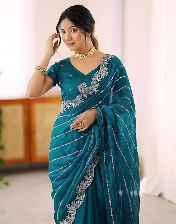 SIRIL Women's Chiffon Embroidery Saree with Unstitched Blouse Piece - Image 7