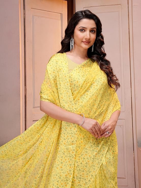 Garden Vareli Floral Print Satin Chinon Saree - Image 3