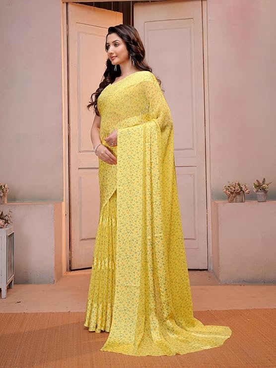 Garden Vareli Floral Print Satin Chinon Saree - Image 5