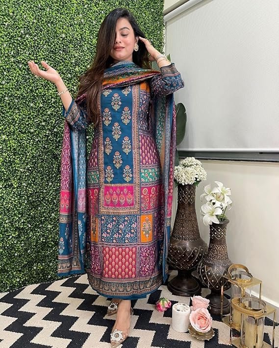 GoSriKi Women’s Viscose Rayon Straight Kurta Pant Dupatta Set - Image 3