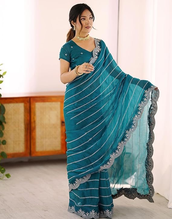 SIRIL Women's Chiffon Embroidery Saree with Unstitched Blouse Piece - Image 4