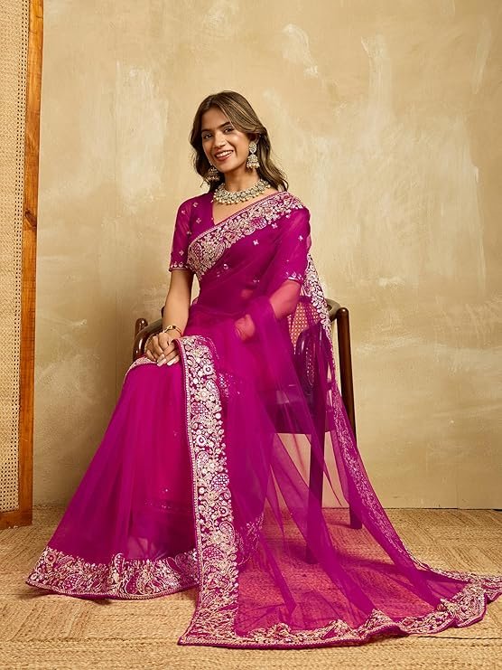 Svayi Women's Net Sequin Embroidery Border work Saree with Blouse Piece - Image 5