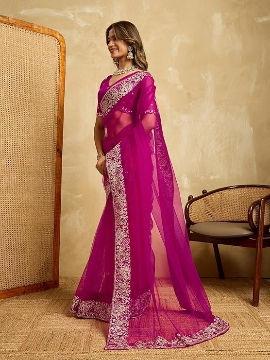 Svayi Women's Net Sequin Embroidery Border work Saree with Blouse Piece - Image 6