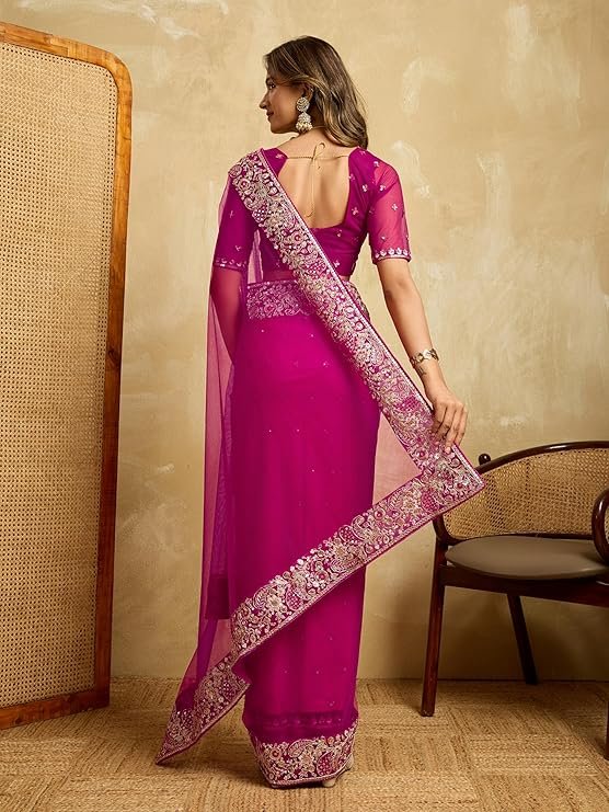 Svayi Women's Net Sequin Embroidery Border work Saree with Blouse Piece - Image 3