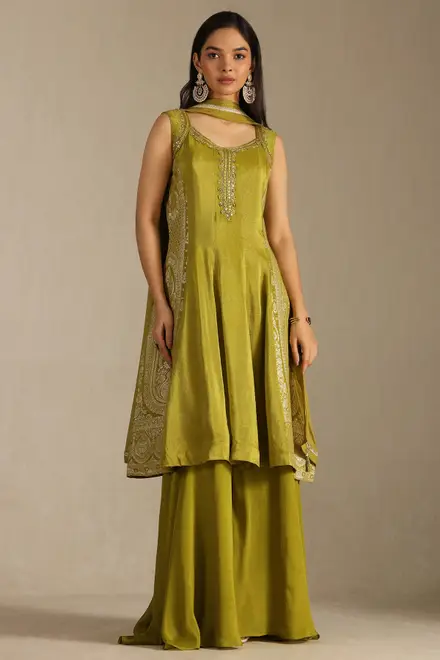 Green Tissue Zari Woven Suit Set With Mirror Work - Image 3