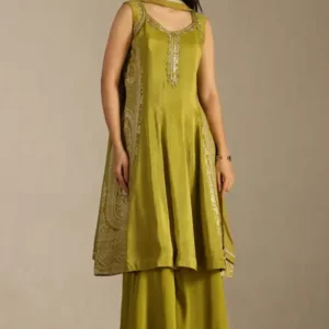 Green Tissue Zari Woven Suit Set With Mirror Work