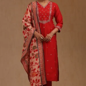 Red Muslin Embroidered Suit Set With Zari SHare icon