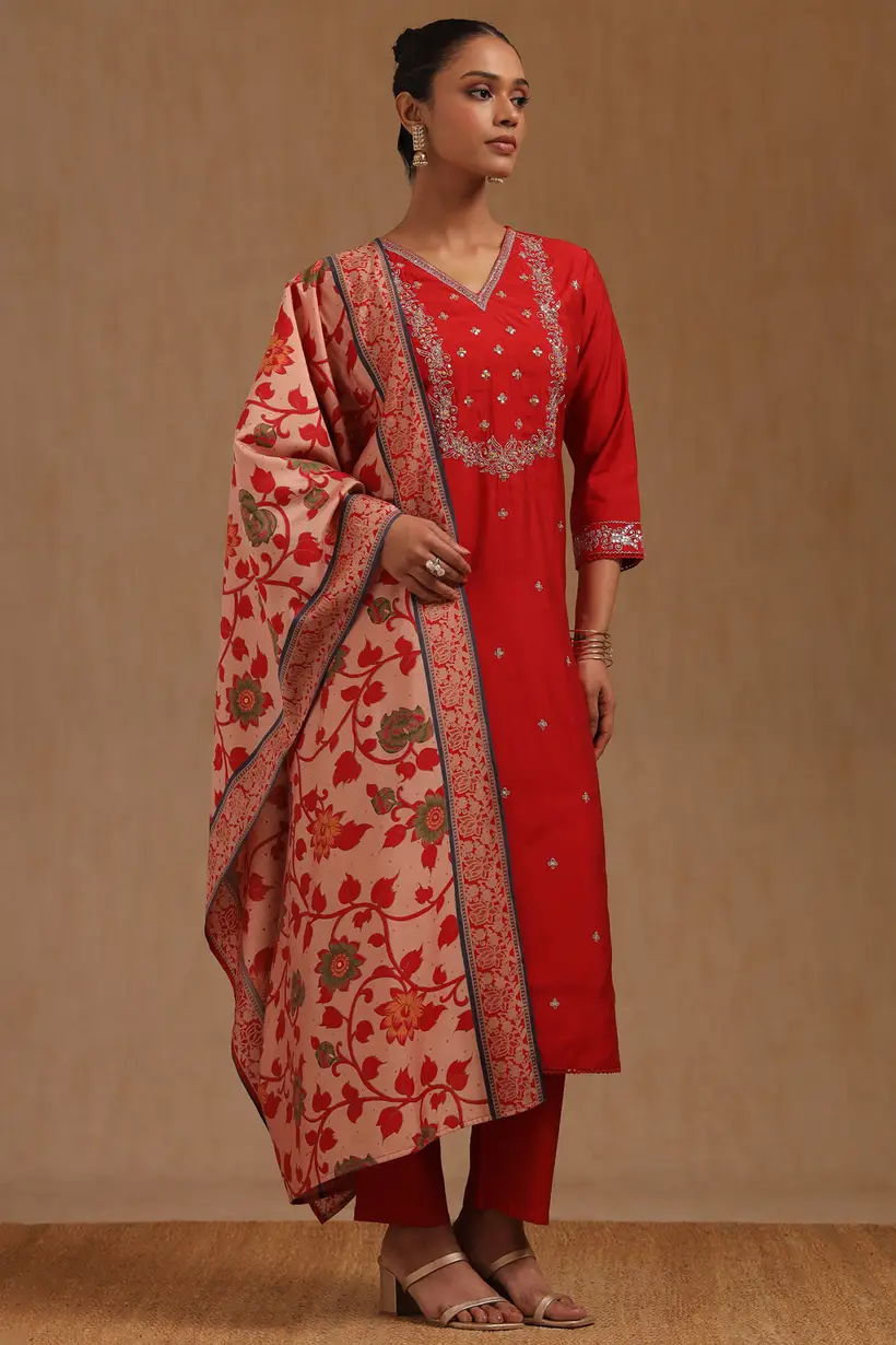 Red Muslin Embroidered Suit Set With Zari SHare icon - Image 4