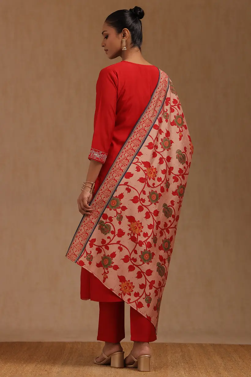 Red Muslin Embroidered Suit Set With Zari SHare icon - Image 5