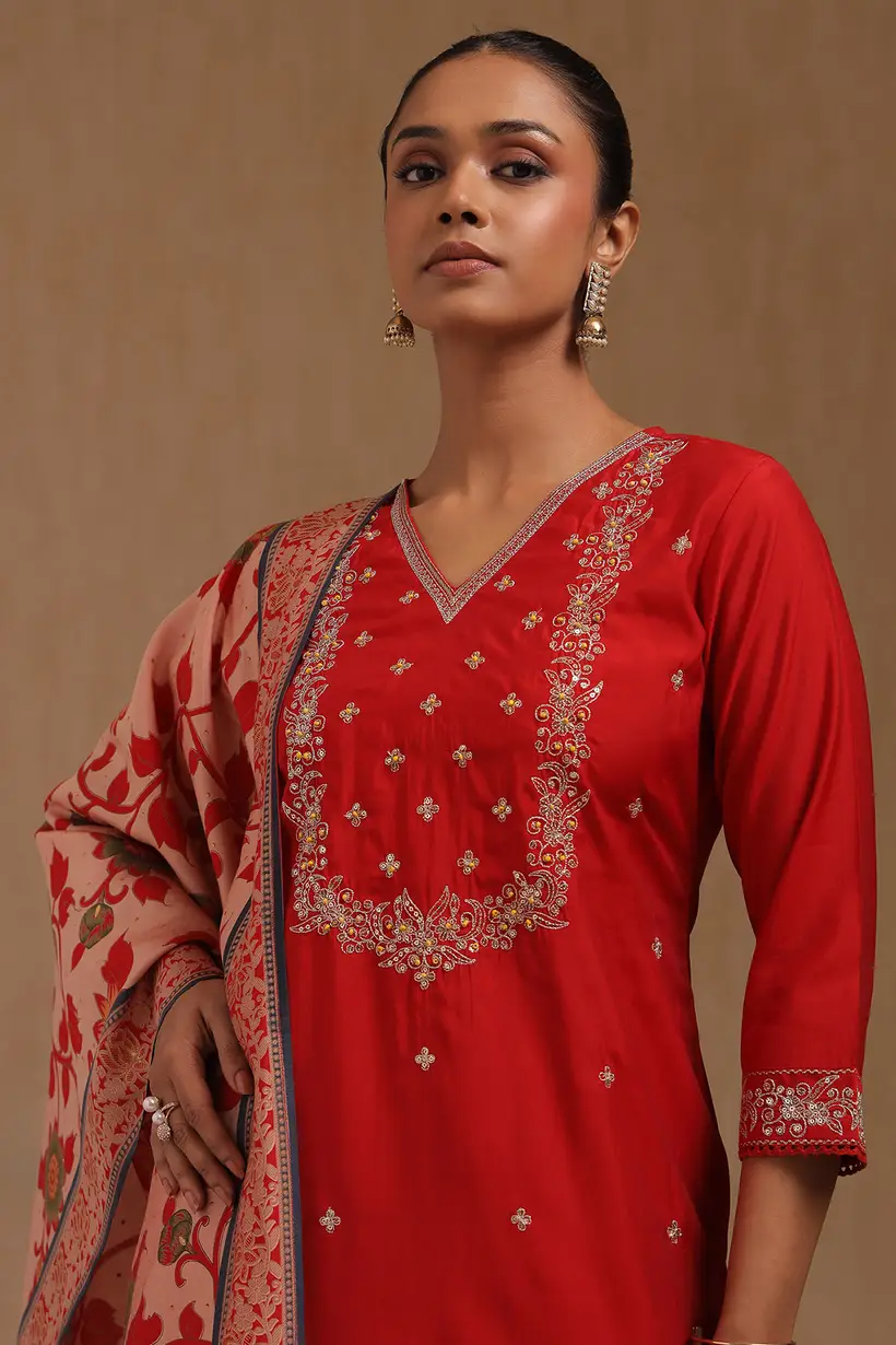 Red Muslin Embroidered Suit Set With Zari SHare icon - Image 6