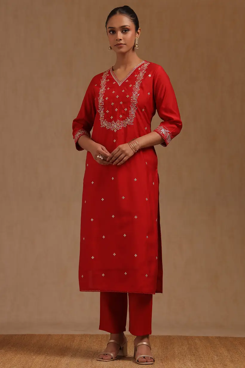 Red Muslin Embroidered Suit Set With Zari SHare icon - Image 7