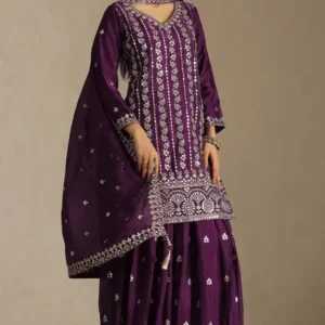 Wine Chinon Embroidered Suit Set With Zari