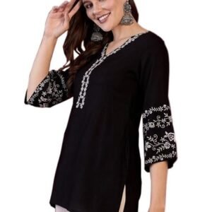 Women's Short Kurti, Black Rayon Tunic Top with Embroidered