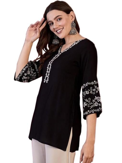 Women's Short Kurti, Black Rayon Tunic Top with Embroidered
