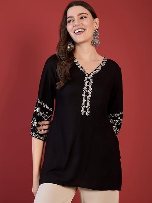 Women's Short Kurti, Black Rayon Tunic Top with Embroidered - Image 4