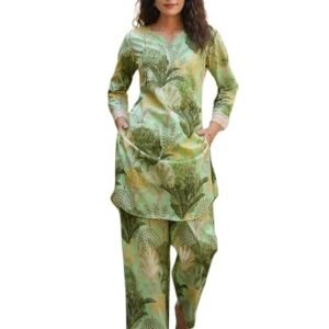 Women's Cotton Blend Green Printed V-Neck Co-ord Set