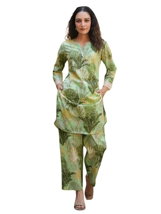 Women's Cotton Blend Green Printed V-Neck Co-ord Set