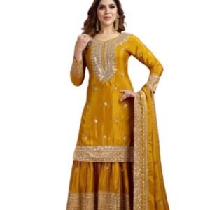 Women's Embroiderd Chinnon Fabric Sharara Top and Dupatta