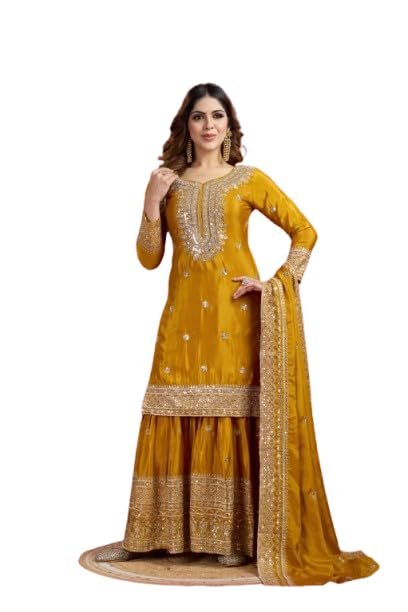 Women's Embroiderd Chinnon Fabric Sharara Top and Dupatta