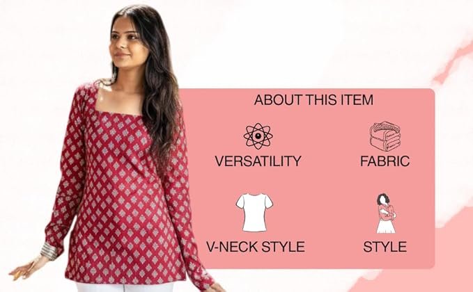 Women's Cotton Floral Print Kurta Top, Red and White, Square Neck Design with Long Sleeves - Image 2
