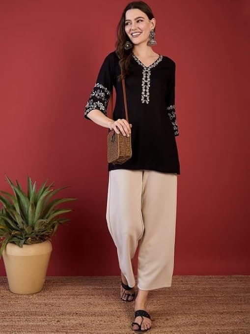 Women's Short Kurti, Black Rayon Tunic Top with Embroidered - Image 5