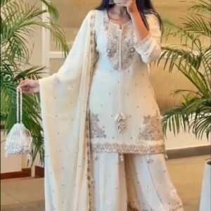 Elegant White Embroidered Sharara Set with Lace Details