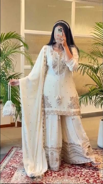 Elegant White Embroidered Sharara Set with Lace Details