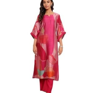 Varanga Women Chanderi Fuchsia Pink Abstract Printed Straight Kurta with Trousers Stylish Ethnic Set