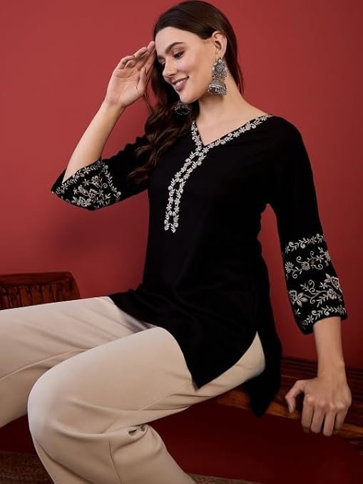 Women's Short Kurti, Black Rayon Tunic Top with Embroidered - Image 2