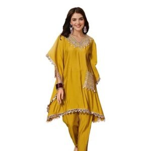 Women Mustard Embellished Zari Work Kaftan with Solid Pants