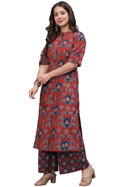 Women A-Line Kurta Set with Palazzo Pants - Image 2