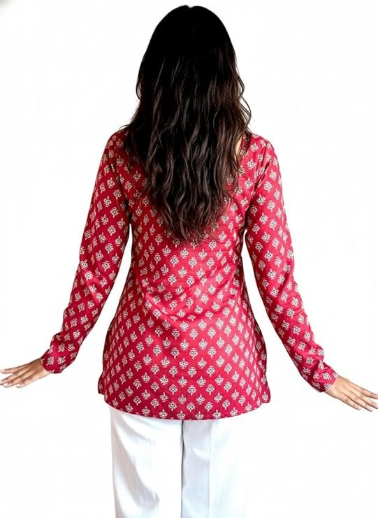 Women's Cotton Floral Print Kurta Top, Red and White, Square Neck Design with Long Sleeves - Image 3