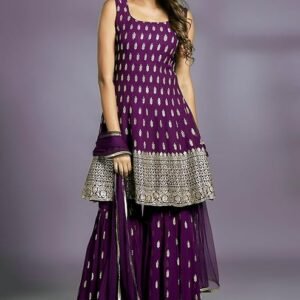 Women's Embroiderd Work Navyblue Color Weding Wear Anarkali Kurta Sharara Set