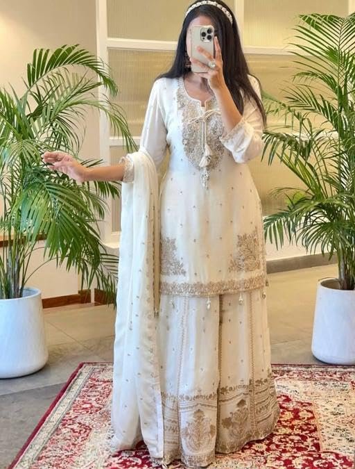 Elegant White Embroidered Sharara Set with Lace Details - Image 4