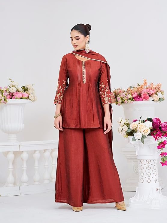 Women’s Silk Embroidered Kurta Sharara Set with Dupatta - Image 6