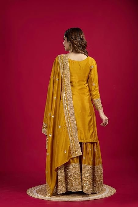Women's Embroiderd Chinnon Fabric Sharara Top and Dupatta - Image 3