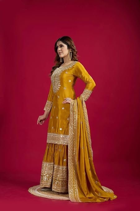 Women's Embroiderd Chinnon Fabric Sharara Top and Dupatta - Image 4