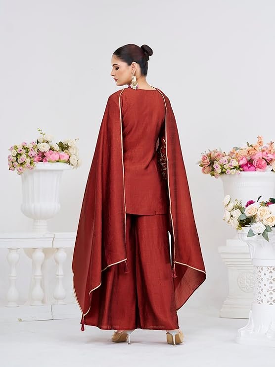 Women’s Silk Embroidered Kurta Sharara Set with Dupatta - Image 2