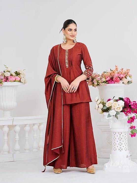Women’s Silk Embroidered Kurta Sharara Set with Dupatta - Image 3