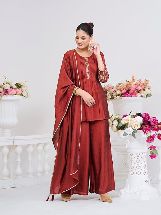 Women’s Silk Embroidered Kurta Sharara Set with Dupatta - Image 4