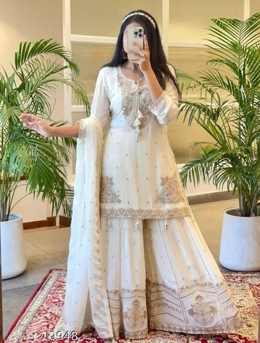 Elegant White Embroidered Sharara Set with Lace Details - Image 5