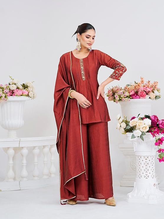 Women’s Silk Embroidered Kurta Sharara Set with Dupatta - Image 5
