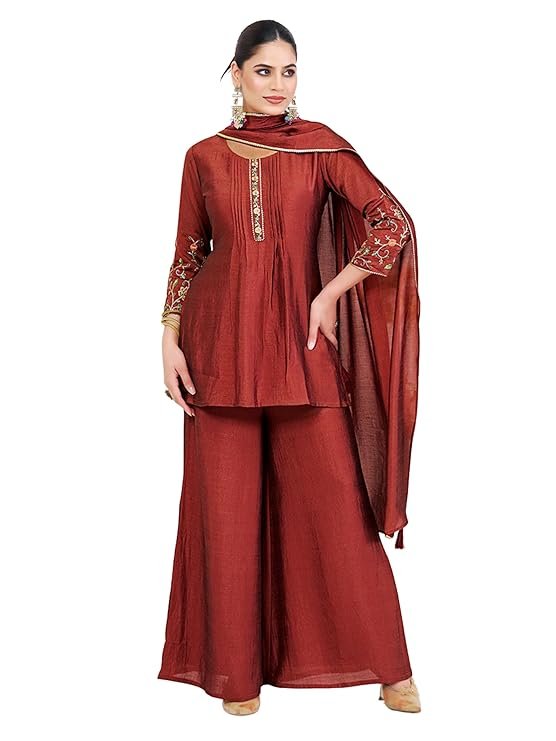 Women’s Silk Embroidered Kurta Sharara Set with Dupatta